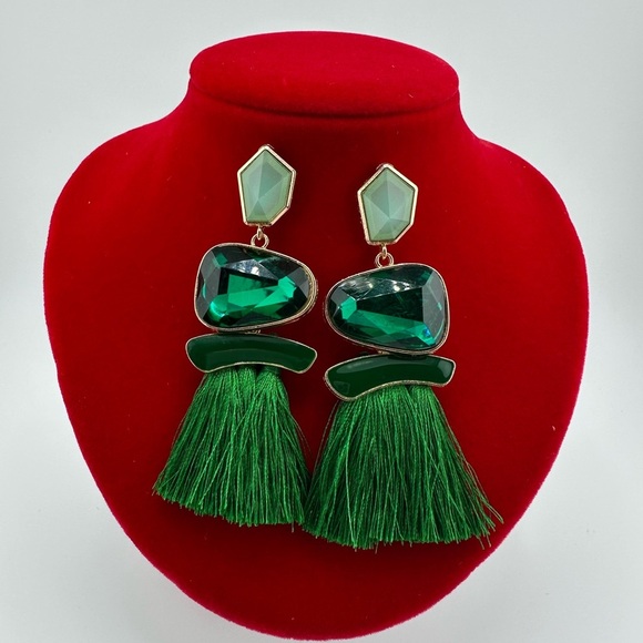 Anthropologie Green Crystal Tassel Earrings - Picture 7 of 8